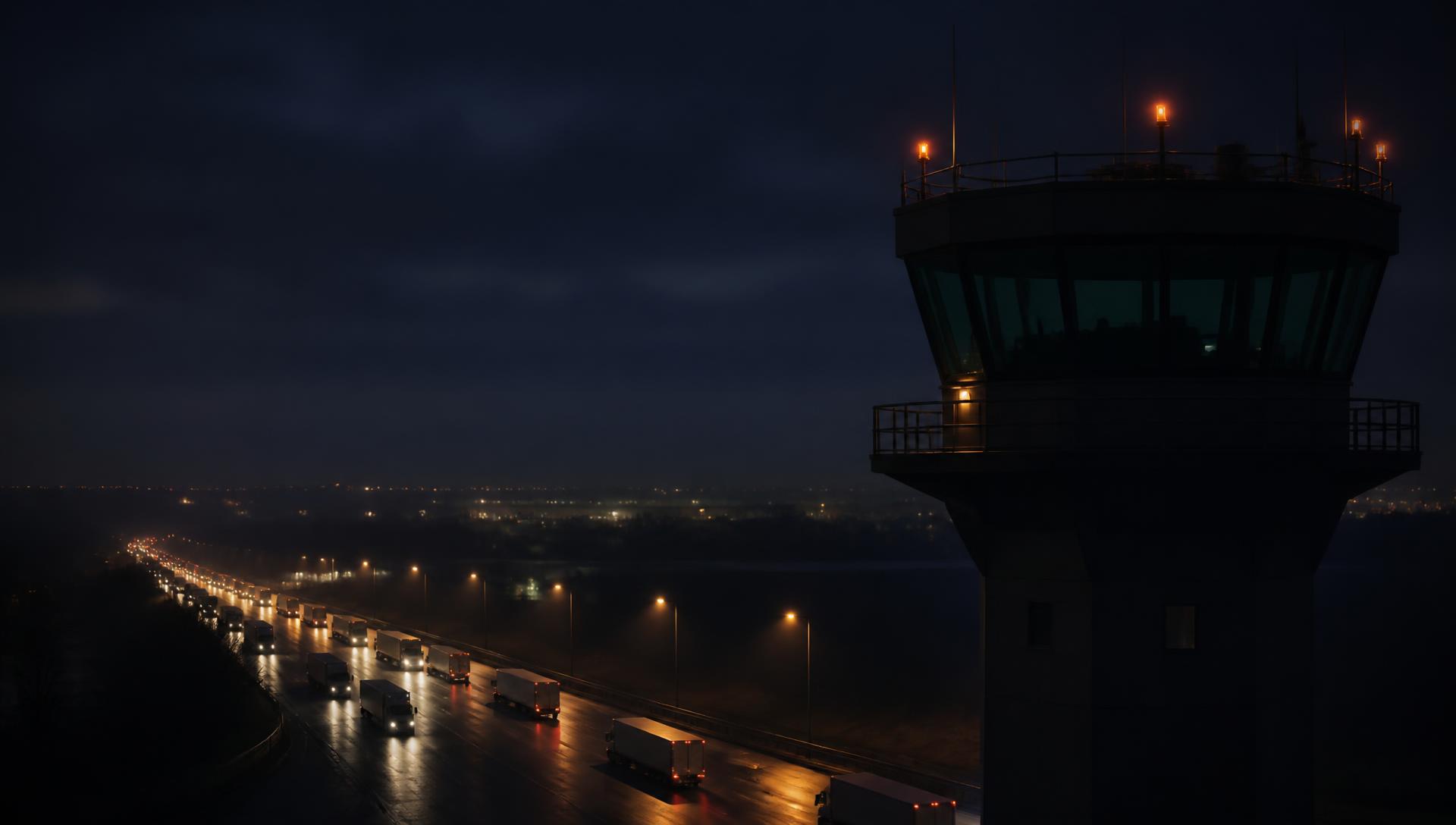 Control tower overlooking a highway of freight trucks at night